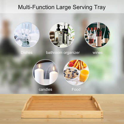 Bamboo Food Serving Tray with Handles, Breakfast Bed Tray for Tea,Snack,Dinner, Home Decorative Storage Food, Platter, Ottoman for Kitchen Counter, Bathroom, Restaurant (Beige)