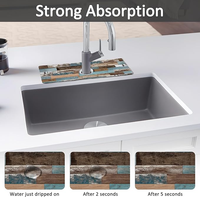 15" X 5.5" Kitchen Sink Splash Guard Faucet Mat Wood Grain Super Absorbent Fast