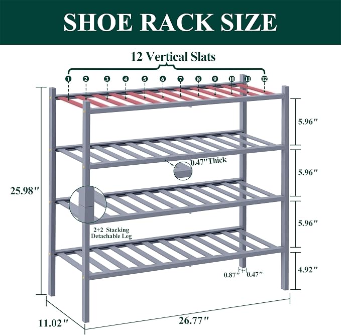Smiry Bamboo Shoe Rack, 4 Tier Free Standing Wooden Shoe Organizer, Stackable Wood Shoe Storage Shelf for Closet, Entryway, 12 Vertical Slats, 2+2 Stack Standard Legs, 26.8"x11"x26", Grey