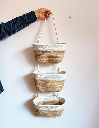 3-Tier Decorative Cotton Rope Hanging Basket, Wall-Mounted Woven Storage