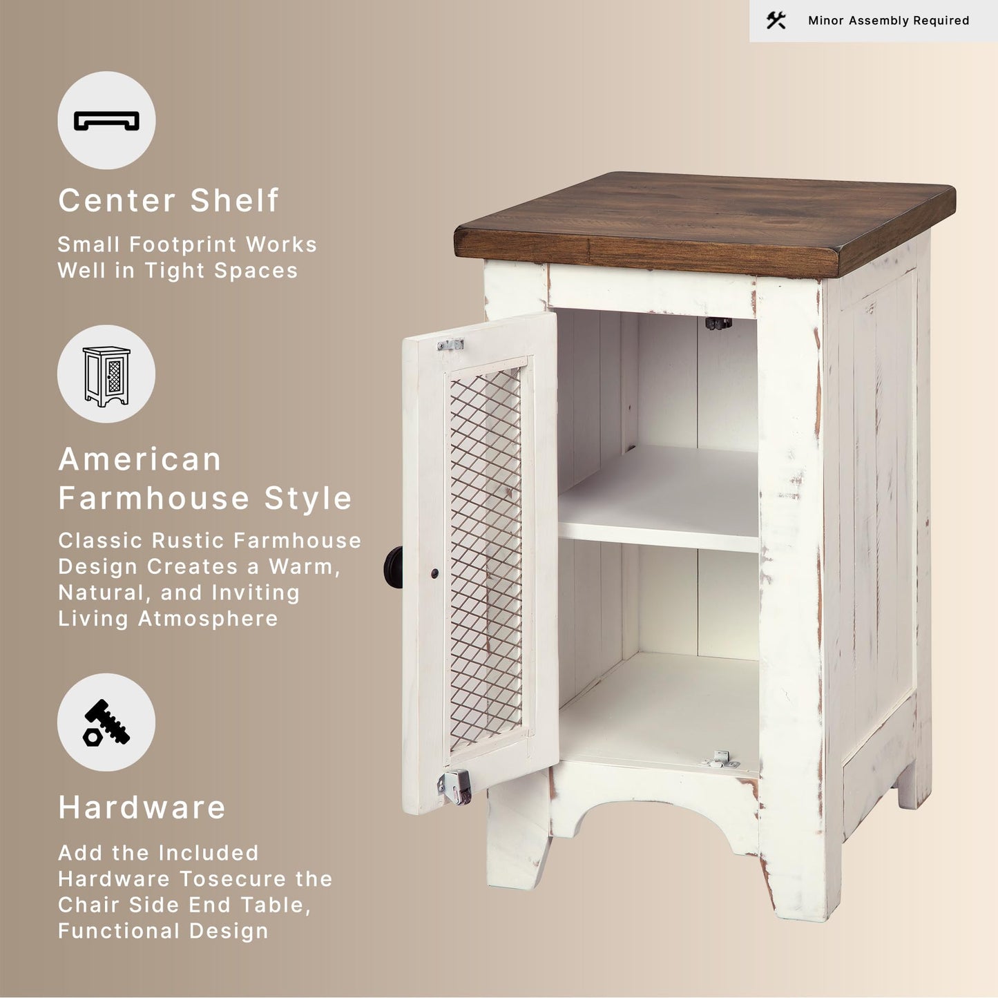 Signature Design by Ashley Wystfield Farmhouse Chair Side End Table with Cabinet Door for Storage, White & Brown with Distressed Finish
