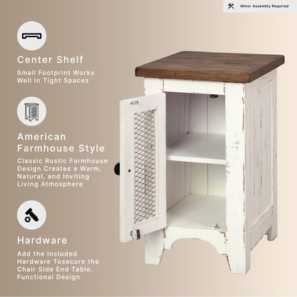 Signature Design by Ashley Wystfield Farmhouse Chair Side End Table with Cabinet Door for Storage, White & Brown with Distressed Finish