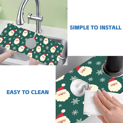 Christmas Kitchen Sink Splash Guard Mat Santa Claus and Snowflakes Sink Splash