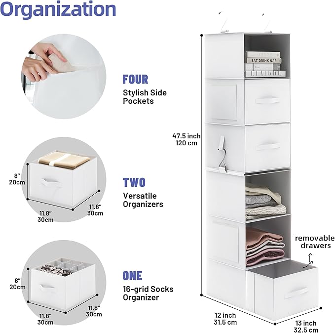 Twira 6-Shelf Hanging Closet Organizer, 2 Separable 3-Shelf Hanging Shelves