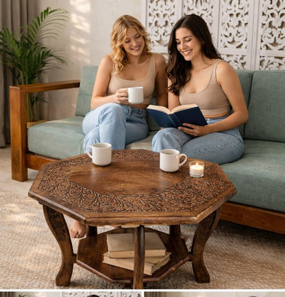 The Wooden Town Farmhouse Octagon Accent End Table, Rustic Side Table Nightstands for Living Room, Bedroom, Foldable Coffee Tables with Carving, Wood Tray Top, Handcrafted Finish, 24"x24"x18" - Burnt