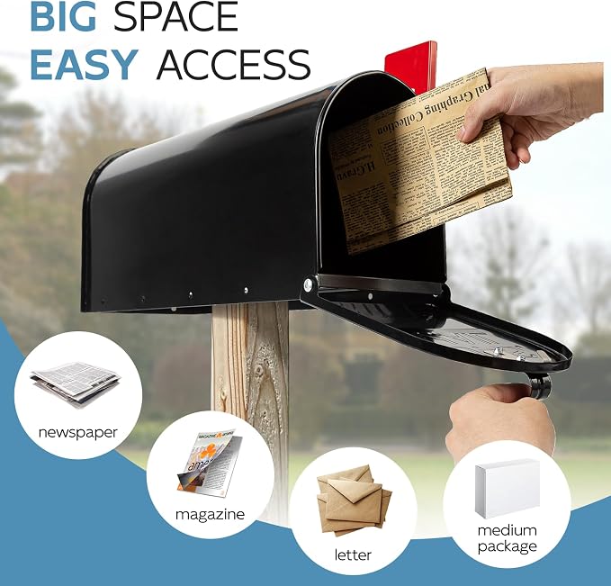 BlissBoard Black Metal Mailbox, Galvanized Steel Outside Mailboxes, Standard Medium Capacity, 20 x 8.7 x 6.7 Inches