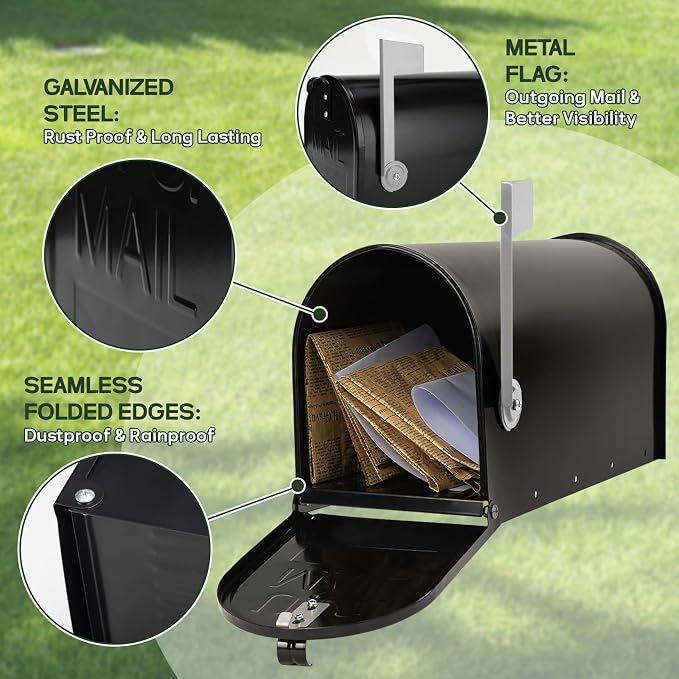 Black Post-Mount Mailboxes for Outside, RAINHOL Metal Mailbox, Galvanized Steel Outside Mail Boxes, Medium Capacity, 19 x 8.7 x 6.7 Inches