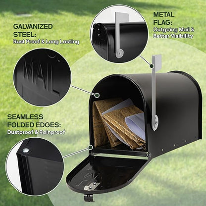 Black Post-Mount Mailboxes for Outside, RAINHOL Metal Mailbox, Galvanized Steel Outside Mail Boxes, Medium Capacity, 19 x 8.7 x 6.7 Inches