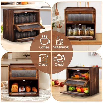 UKCOCO Wooden Bread Box 2 Layer Bread Box for Kitchen Counter Rustic Keeper with Ventilation Holes Magnetic Closure Front Windows Countertop Storage Organizer Brown