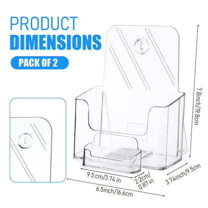 Remerry 2 Set 6.5 Inch Acrylic Brochure Holder with Business Card Pocket, Wide Bifold Clear Brochure Display Stand Flyer Holder for Pamphlet Literature Magazine Booklet, Desk or Wall Mount Display