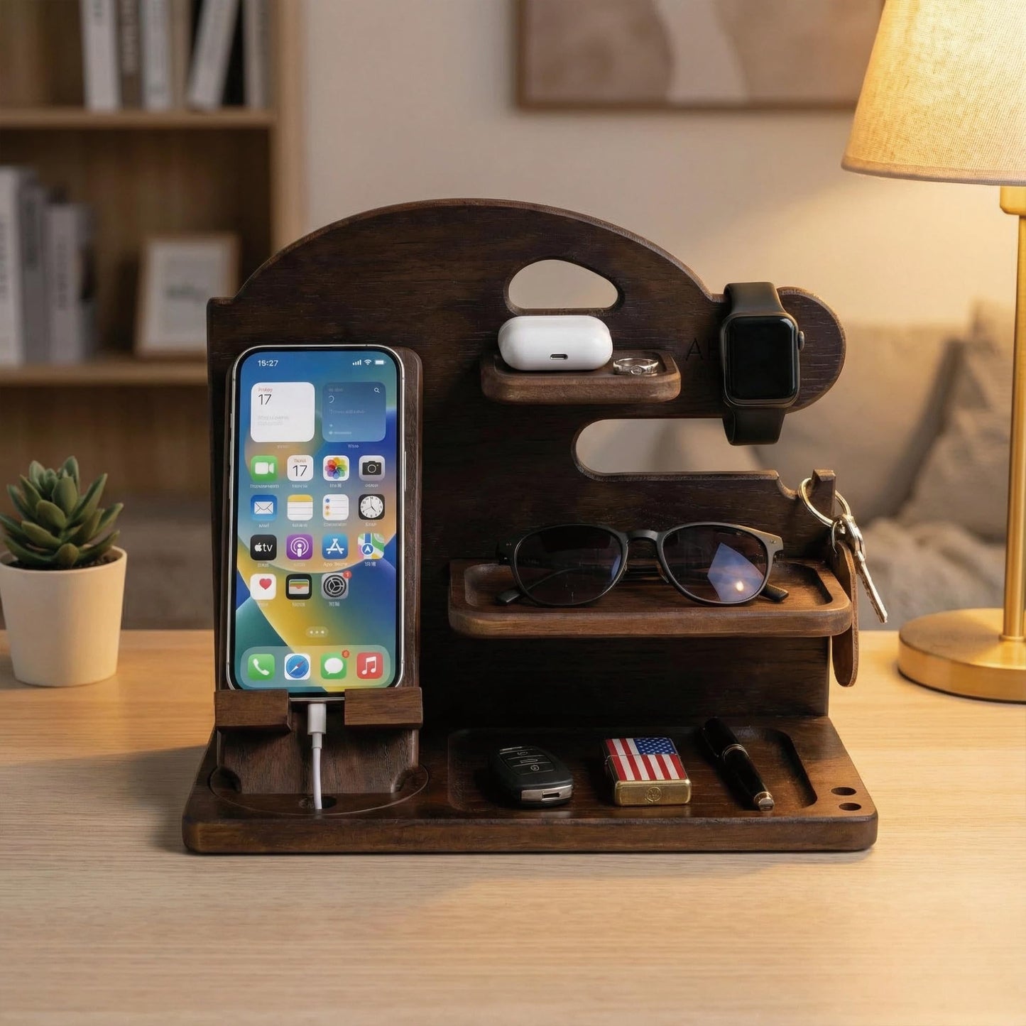 Wood Phone Docking Station with Detachable Stand, Solid Wood Multi Device Nightstand Charging Station, All-in-One Desktop Organizer, Mens Gift for Father’s Day, Birthday & Anniversary