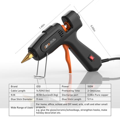 IZIO Hot Glue Gun with 21 Glue Sticks7/16") &Storage Pouch - 100W Fast Heating (2-3 Min), Heavy Duty DIY Starter Kit for Crafts, Fabric, Wood, Home Repairs,Non-Drip Precision Nozzle, ergonomic|Black