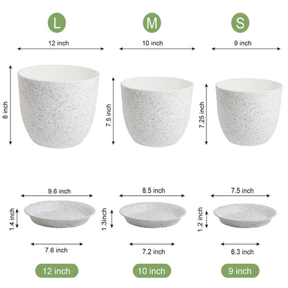 UOUZ 12/10/9 Large Modern Plant Pots, Plastic Planters with Drainage Holes and Saucers for Indoor Outdoor Plants Flowers, White Speckles