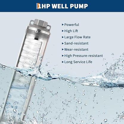 Deep Well Submersible Pump, 1HP 230V/60Hz, 27GPM Flow 204ft Head, with 33ft Electric Cord & Check Valve, 4" Stainless Steel Water Well Pump for Industrial,Irrigation,Home Use, IP68 Waterproof Grade