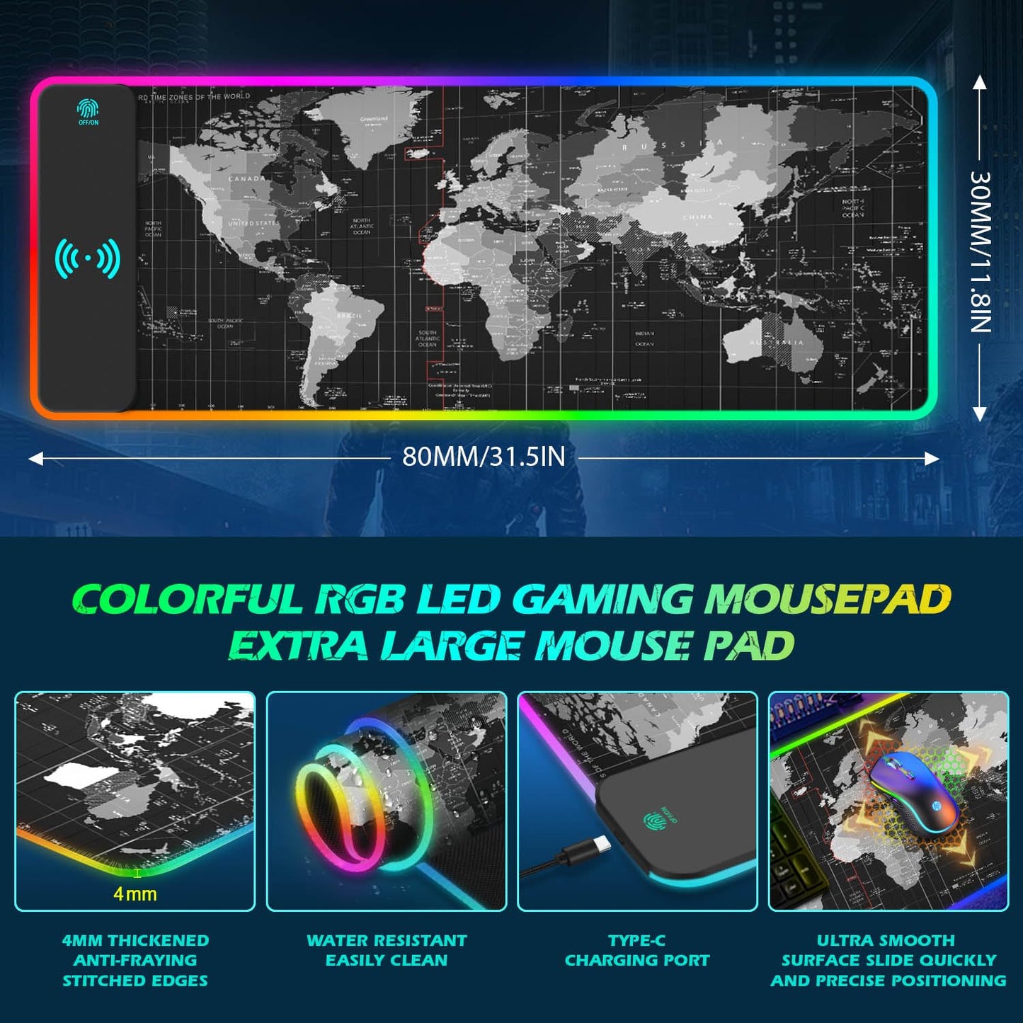 ToLuLu RGB Gaming Wireless Charging Mouse Pad, 5/7.5/10/15W 10 Light Modes LED Mouse Pad Computer Keyboard Mat Mousepad, 800x300x4MM Extended Large Desk Mat for Gaming, MacBook, Laptop, PC, Galaxy
