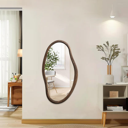 JJUUYOU Asymmetrical Mirrors Irregular Bathroom Wall Mirror 30"x18" Large Wooden Frame Modern Decorative Mirror for Makeup Bathroom Living Room Brown