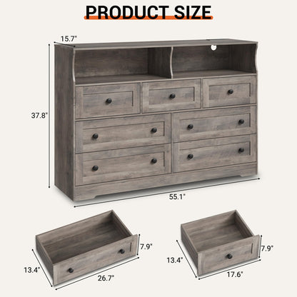 IDEALHOUSE Dresser for Bedroom with 7 Drawers, LED Lights & Charging Station, Wooden Chest with 2 Open Compartments, Freestanding Storage Organizer for Closet, Nursery, Entryway, Light Brown