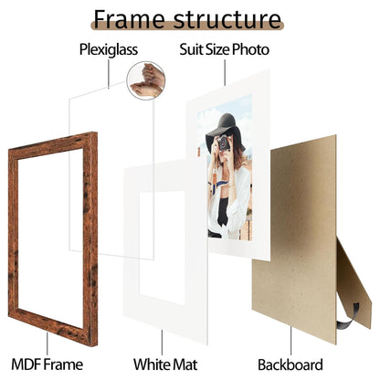 Picrit 8.5x11 Picture Frame Set of 12, Display 6x8 with Mat or 8.5 x 11 without Mat, Photo Frames for Wall Mounting or Table Top Display, Brown
