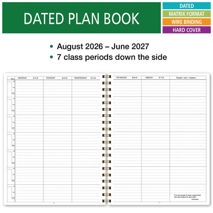 Elan Publishing Company HARDCOVER 7 Period Dated Teacher Lesson Plan; Days Horizontally Across The Top Dated for 2026-2027 Academic Year with Bonus Clip-in Bookmark (Teal Floral)