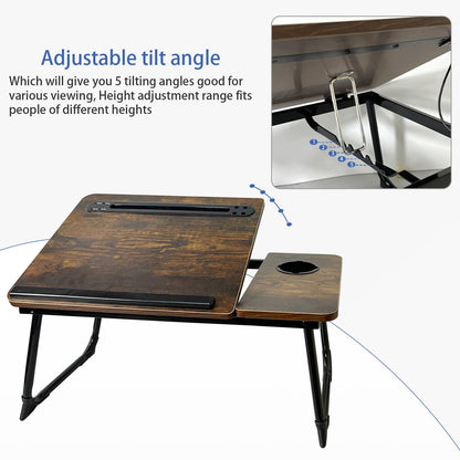 Laptop Desk for Bed, Laptops Bed Tray Desk with 5 Different Angles, Foldable Laptop Bed Table with USB Charge Port and Cup Holder for Writing Working (Rustic Brown)