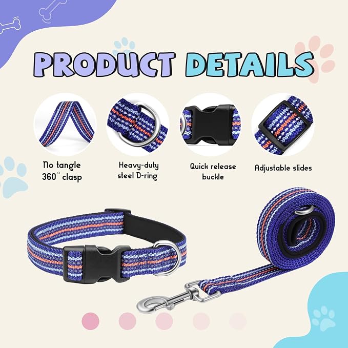 Reflective Dog Collar and Leash Set (4 FT/5 FT), Nylon Leash with Heavy-Duty Steel D-Ring, Adjustable Collar with Quick Release Buckle - 4 Color Matching in Dark Blue