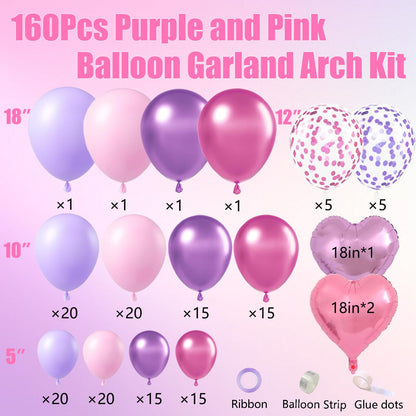 Pink Purple Balloon Garland Arch Kit,160Pcs Metallic Purple Magenta Balloons Pink and Purple Confetti Balloons with Heart Foil Balloon for Girl Birthday Bridal Baby Shower Party Decoration