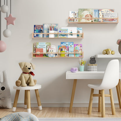 birola Nursery Book Shelves for Kids Rooms - 32 Inches Wall Book Shelves Set of 3, Space-Saving Nursery Shelves with Beads Design for Kids Room, Bedroom and Study Room(Natural)