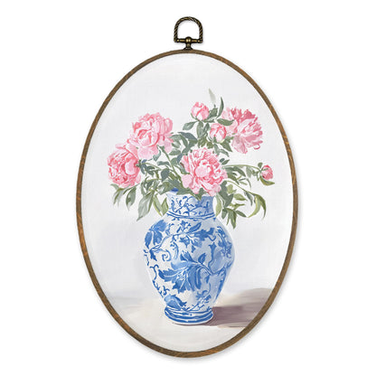 LKETW Chinoiserie Floral Oval Wall Art Decor, Blue and White Chinoiserie Porcelain Pink Flower Oval Canvas Hanging Decor, Grand Millenial Wall Decorations for Home Bedroom Office, 8.6x11.4 Inch