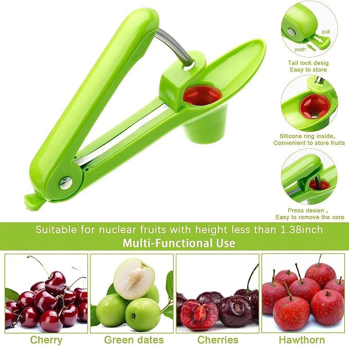 Cherry Pitter Tool, Heavy-Duty Stainless Steel Pitting Tool, Portable Cherries Corer Stoner Seed Tool with Lock Design, Fruit Pit Remover for Cherry Jam (Green)