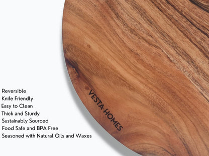 Vesta Homes Wooden Round Chopping Board/Cutting Board/Serving Board, Plate for Pizza, Vegetables, Fruits and Cheese Acacia Wood 11.5 x 11.5 Inches Handcrafted Natural