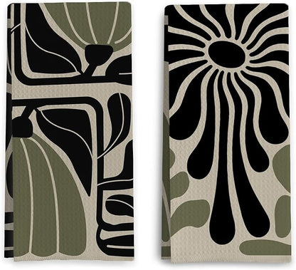 Sage Green Groovy 70s Retro Kitchen Towels Set of 2