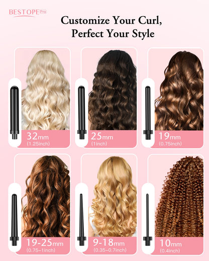 Long Barrel Curling Iron Wand Set, BESTOPE PRO 6 in 1 Curling Wand Set with Ceramic Barrel for Long/Medium Hair, 0.35"-1.25" Interchangeable Hair Wand Curler, Dual Volts, Include Glove & Clips - Black