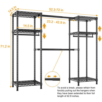 Ulif E7 Garment Rack, Heavy Duty Clothes Storage System with Extendable Hangers Rods, Metal Clothe Rack with 6 Wire Shelves, (52.3"-72") W x 14.5" D x 71.2" H, Load 838 LBS