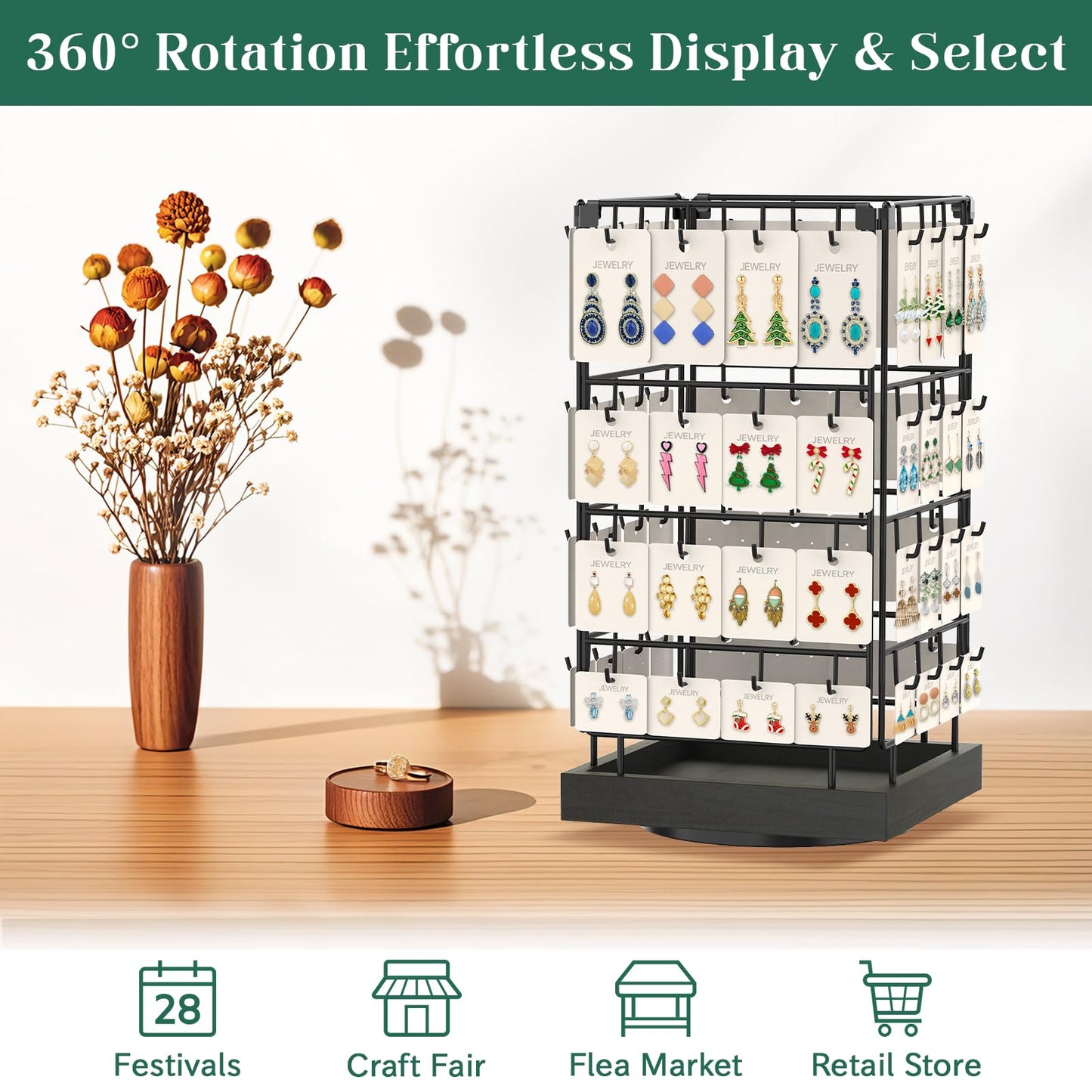 EsLuker.ly Rotating Earring Display Holder Stand for Vendors Events Selling, Large Capacity 64 Hooks Jewelry Rack with Wooden Base for Earring Card Sales, Enhances Retail Visibility