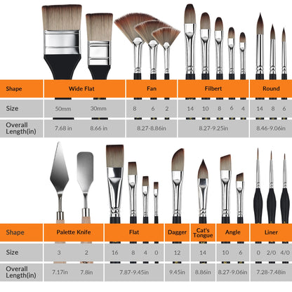 Bougimal 26pcs Paint Brush Set, Professional Acrylic Paint Brushes with Flat, Filbert, Fan, Dagger, Cat Tongue, Round, Palette Knife, Artist Paint Brushes for Acrylic Painting, Oil, Watercolor (Black)