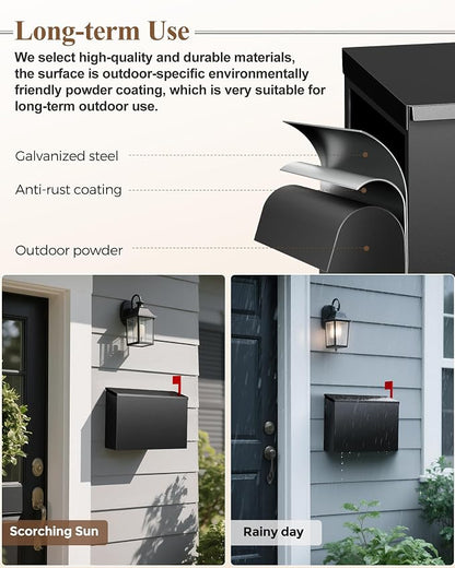 Wall-Mount Mailbox for Outside, Large Capacity Rust-Proof Mail Box with Stay-Open Lid & Red Flag Kit, Galvanized Steel Weather-Resistant Post Box for House Outside, 10.5"x4.3"x14.2", Black