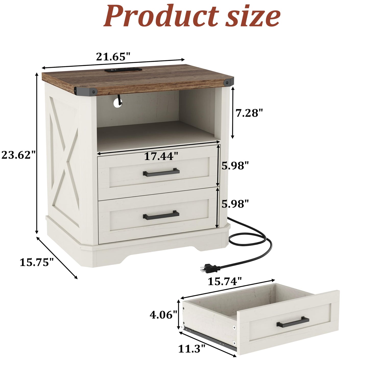 Yusong 23.62” Tall Farmhouse Nightstand, Rustic Wooden Night Stand with Charging Station, Beside Table with Drawers and Open Storage, End Tables for Bedroom, Cream White 003