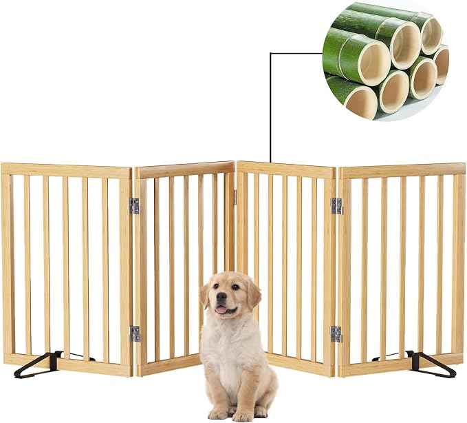 Semiocthome Solid Bamboo Dog Gate with 2 Stands, Freestanding Pet Gates for Doorways and Stairs, 24" Height-4 Panels Puppy Gate for The House, Fully Assembled Indoor Gate Safety Fencee - Natural