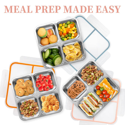 Luriseminger 3 Pack Stainless Steel Bento Lunch Box, 4 Compartment Snack Containers, Divided Meal Prep Lunch Containers, Food Storage Containers For Work and Travel