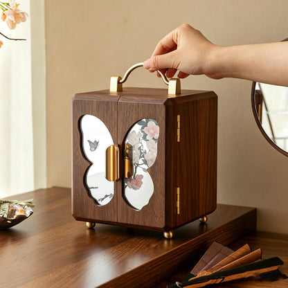 GuaziV Butterfly Jewelry Box for Women, Black Walnut Wood Veneer Jewelry Organizer 4-Layer Jewelry Storage Case with Ring Slots, Necklace Hooks & Watch Pillows for Vanity Dresser