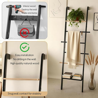 Wooden Ladder with Shelf for Decor, 6-Tier Decor Ladder with Non-Slip Mat & Hooks, Farmhouse Style Leaning Wall Display Holder, Black