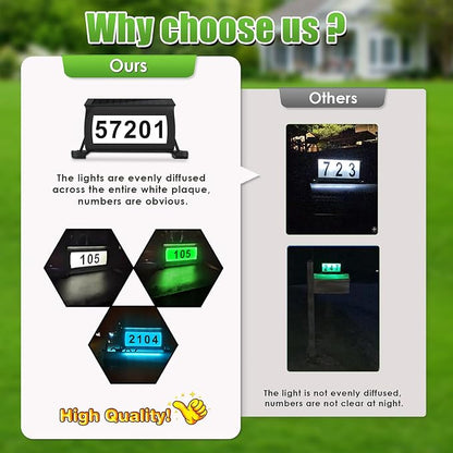Solar Address Sign for Mailbox, RGB & Cool White & Color Changing Solar Mailbox Light, Double-Side Lighted Mailbox Topper, House Numbers for Outside (No-Drilling Option Available)