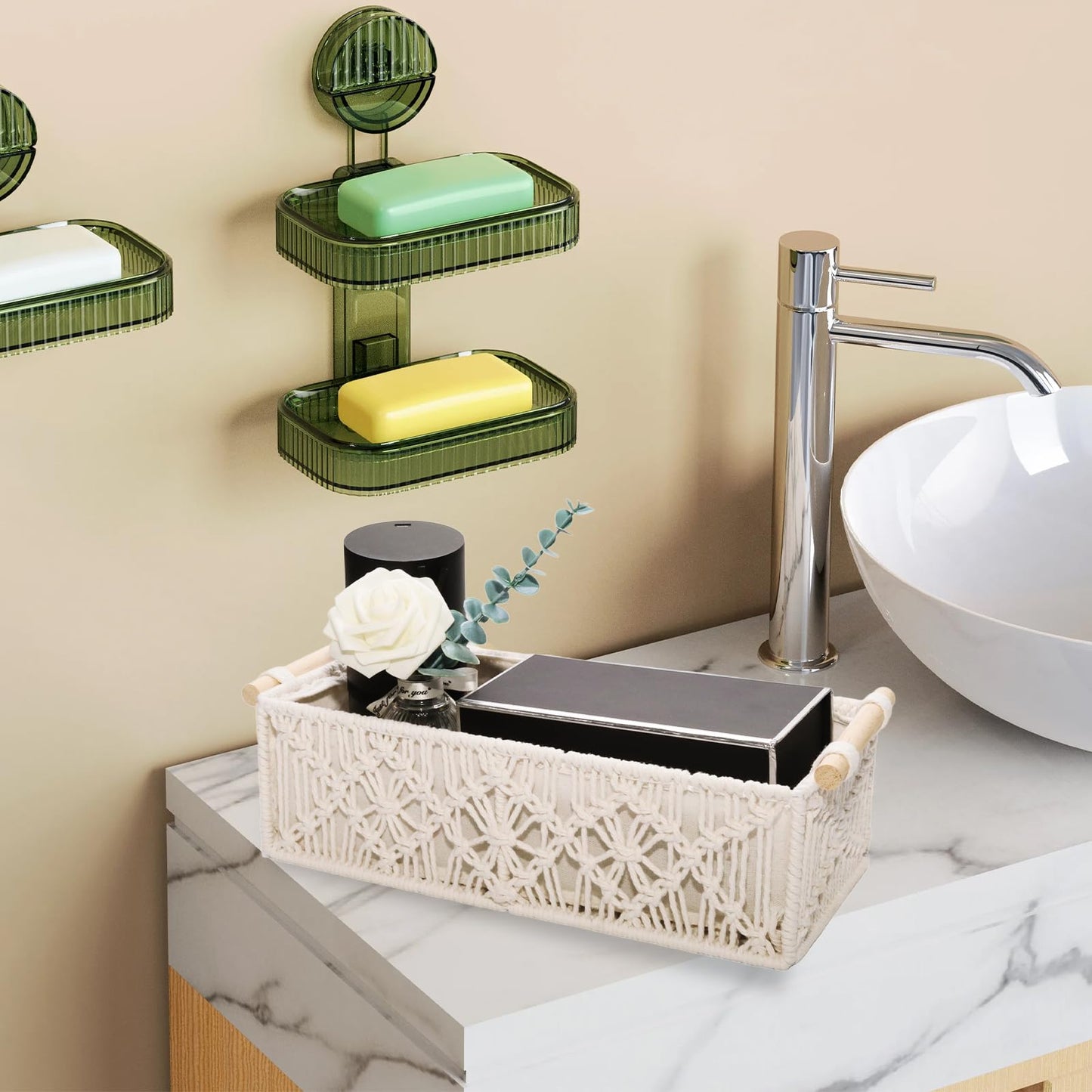 WINDAWNKE 2 Pack Macrame Storage Baskets Boho Decor Style Storage Boxes, Toilet Paper Basket with Wood Handles for Home Bedroom Decor (Rhombus)
