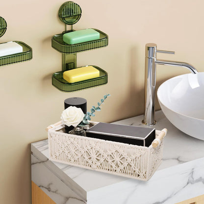 WINDAWNKE 2 Pack Macrame Storage Baskets Boho Decor Style Storage Boxes, Toilet Paper Basket with Wood Handles for Home Bedroom Decor (Rhombus)