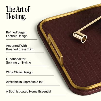 Preston Lane Mayfair Decorative Tray – Vegan Leather with Woven Texture, Brushed Brass Handles – Serving, Dresser & Coffee Table Tray, Espresso 12.8 x 12.8 x 1