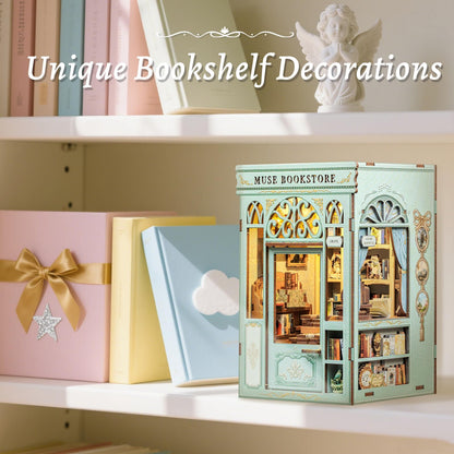 Fsolis Book Nook Kit - DIY Miniature House Kit Bookshelf 3D Wooden Puzzles for Adults Beginners Tiny House Mini Booknook Bookshop Gifts for Women Book Lovers (Muse Bookstore)