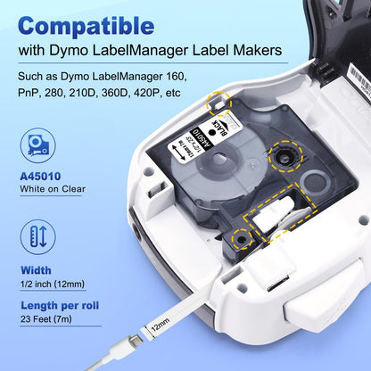 Compatible DYMO D1 Label Tape Black on Clear Replace for DYMO Label Maker Refills 45010 S0720500, 1/2Inch x 23Ft for Dymo LabelManager 160 210D 280 360D Labeler, 3-Pack