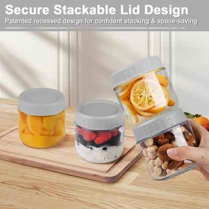 Overnight Oats Containers with Lids, 10oz Wide Mouth Mason Jars with Lids, 3 Pack Glass Jars with Airtight lid for Chia Pudding Yogurt Salad, Meal Prer Oatmeal Jars, Gray