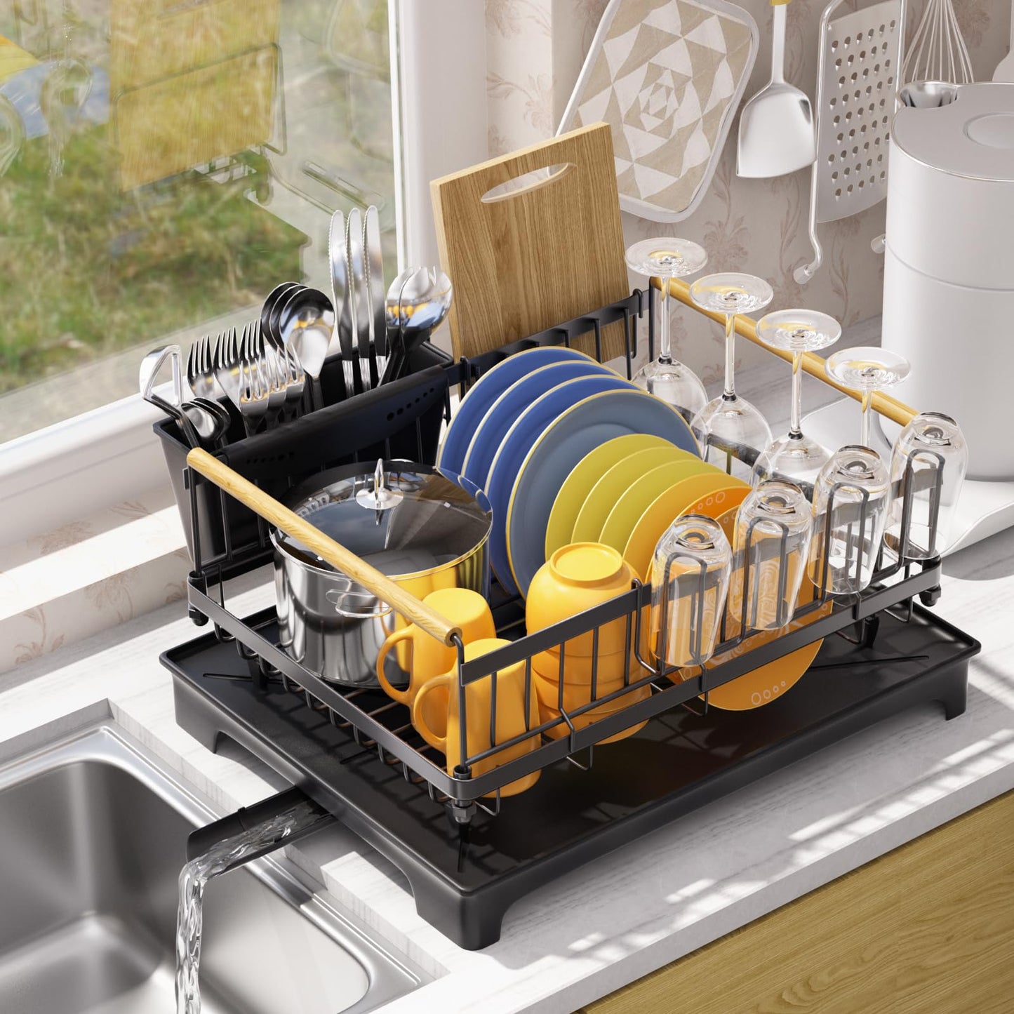 Dish Rack Lightweight & Space-Saving Drying Rack with Drainboard Large Capacity Anti-Rust Kitchen Counter Organizer with Cup, Utensil & Cutting Board Holders for Dishes, Bowels, Spoons and Forks