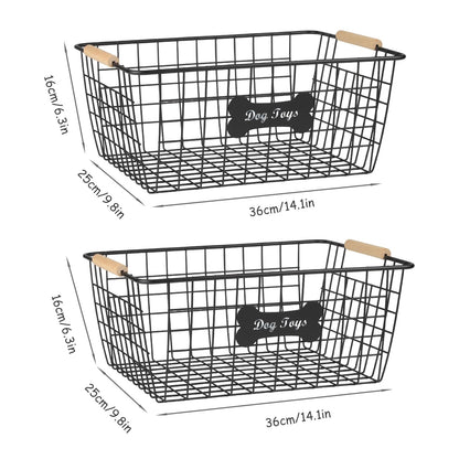 Bromjavol 2-piece Metal Dog Toy Basket with Wooden Handles, Indestructible Dogs Toy Storage Bin, Dogs Organizer Box for Living Room-Chew Proof-Ideal for Outdoor and Indoor-Black